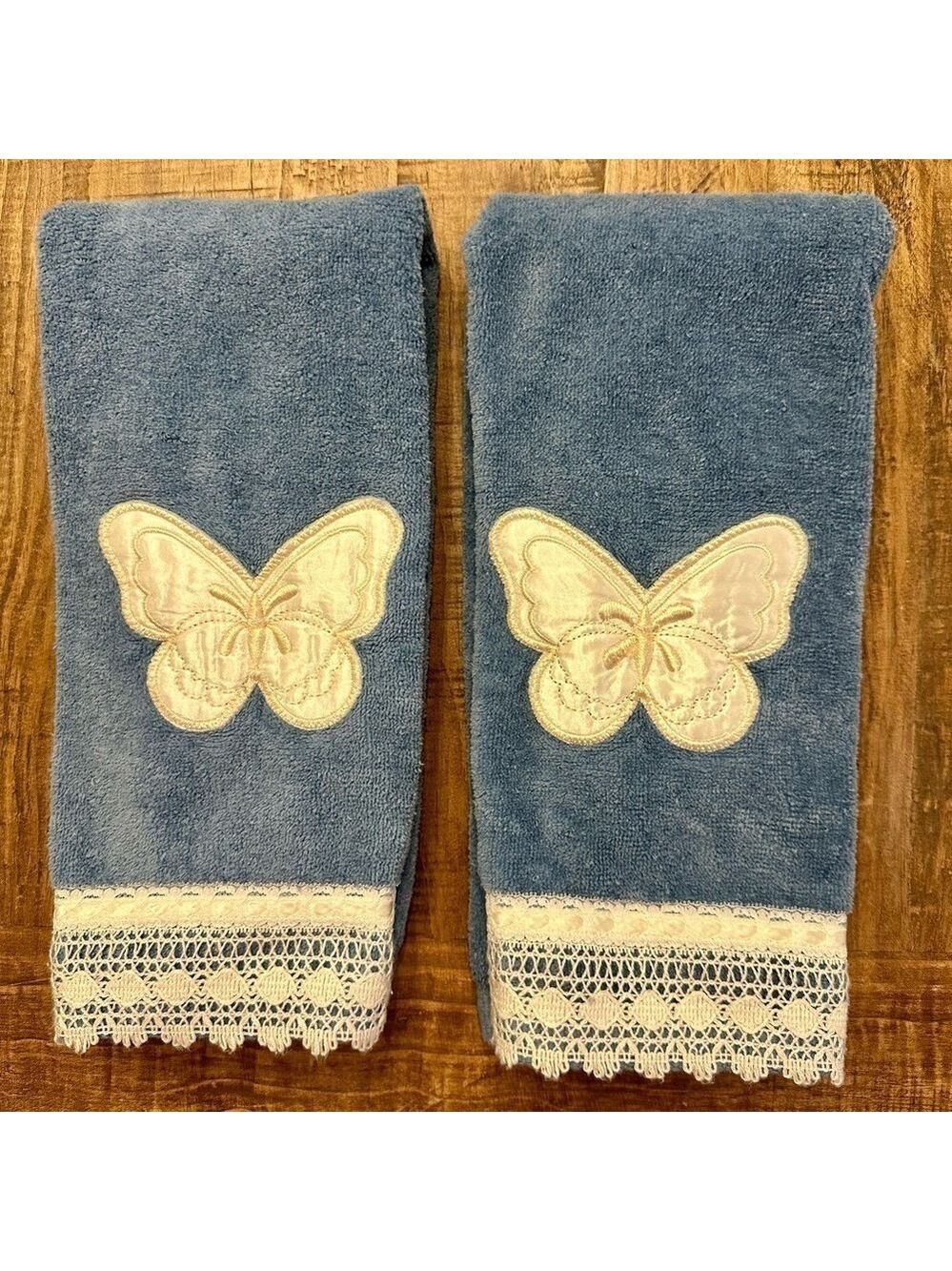 Vintage Saturday Knight Ltd. 2 Blue Hand Towels with Embroidered Satin Butterfly